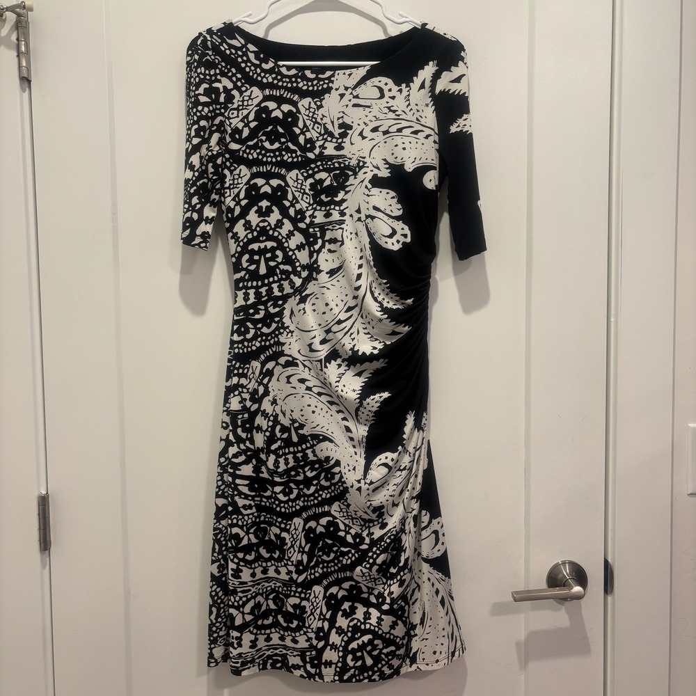Jones‎ New York Dress Womens 4 Black White Paisley Ruched Knee Length Dress